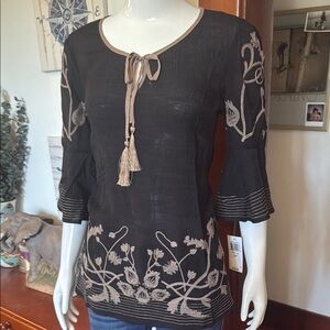 NWT Style&Co size small sheer Embroidered Black and Tan Women's Top